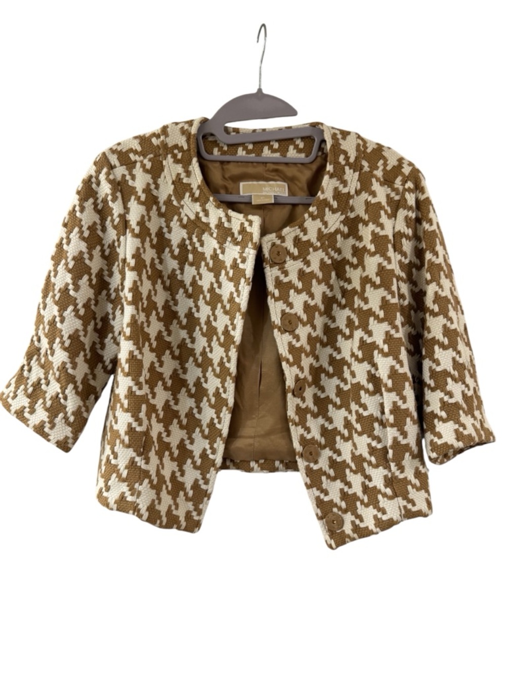 Michael Kors Brown & Cream Houndstooth Knit Blazer - Petite Small